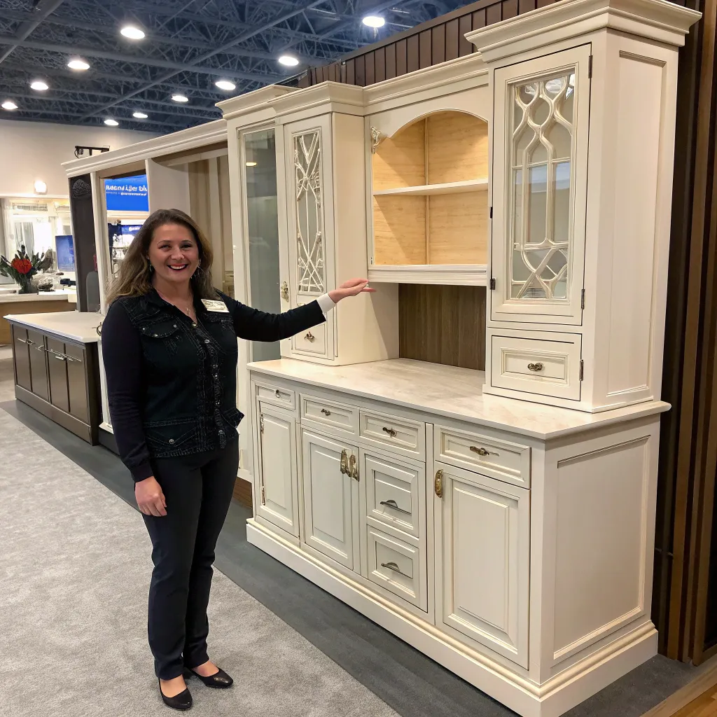 Emily Robertson presenting a completed custom cabinetry project